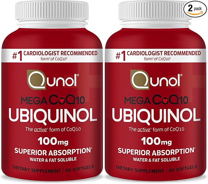 Qunol Mega Ubiquinol Coq10 100mg Superior Absorption Patented Water and Fat Soluble Natural Supplement Form of Coenzyme Q10 Antioxidant for Heart Health 60 Softgels Pack of 2