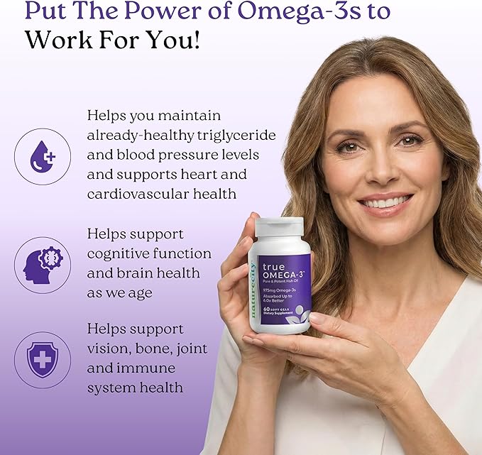 NatureCity True-Omega-3 975mg Omega-3 Fish Oil Supplements with Enhanced Absorption from AquaCelle for Heart Brain &amp Joint Support (60 SoftGels) Burpless Fish Oil Pills