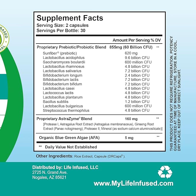 Life Infused Flora Infused Probiotics with Prebiotics – 60 Billion CFU 13 Strains + Enzyme Blend for Digestive &amp Gut Health Support Bloating &amp Regularity Support Shelf Stable Probiotic – 60