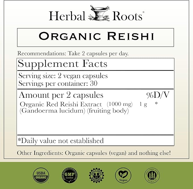Herbal Roots Organic Reishi Mushroom Capsules - Made with Fruiting Bodies - Support Energy Vitality Immune &amp Heart Health - 60 Vegan Capsules