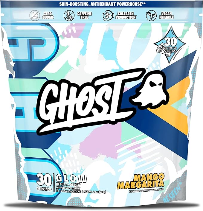GHOST Glow Sticks: Beauty and Detox Supplement - 30 On-The-Go Stick Packs Mango Margarita - Hyaluronic Acid Biotin &amp L-Theanine for Skin-Boosting Support - Sugar Free Gluten Free