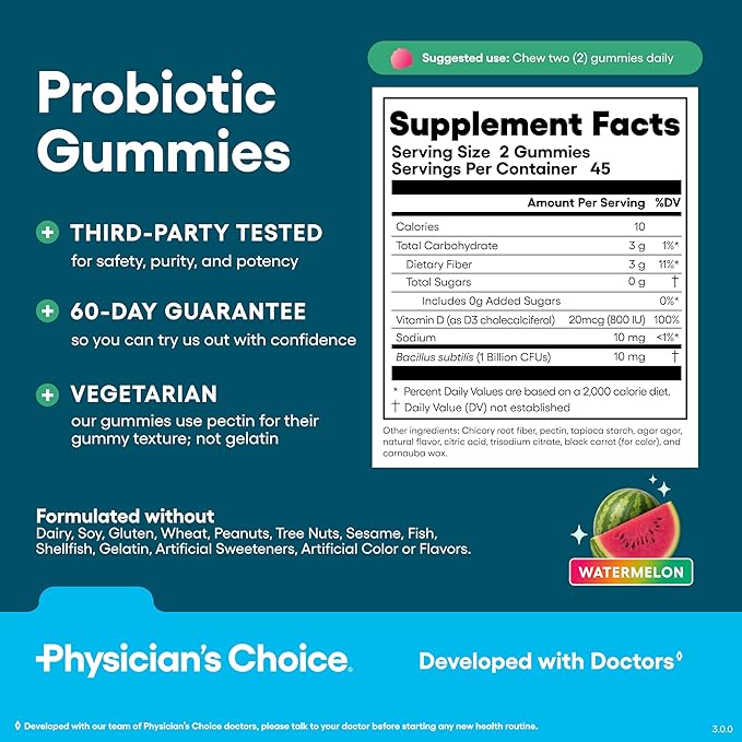 Physician’s Choice Probiotic Gummies with Vitamin D &amp Prebiotic Fiber - Sugar Free - 1B CFUs of Clinically Studied Probiotic - Supports Immune &amp Gut Health for Adults - Watermelon Flavor - 90C
