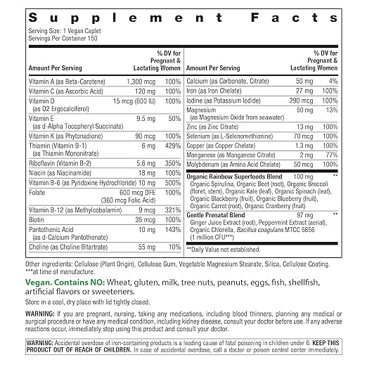 Rainbow Light Prenatal One Multivitamin Support from Conception to Postnatal High Potency Clinically Proven Absorption of Vitamin D B2 Folate Calcium Zinc Iron - 150 Tablets 5 Month Supply