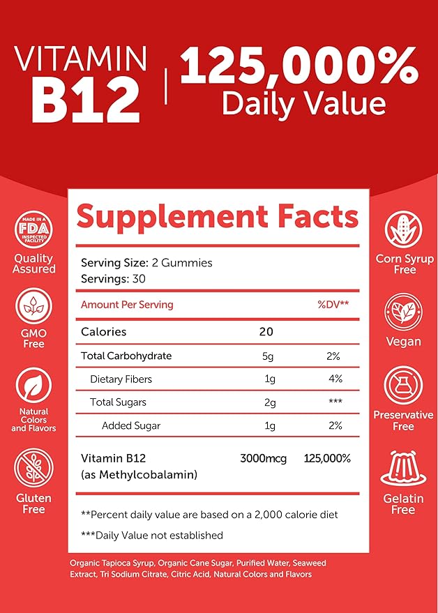 Lunakai Extra Strength 3000mcg Vitamin B12 Gummies - USA Made Delicious Daily Energy &amp Metabolism Support - Vegan B12 Methylcobalamin Supplement 60ct 6 Pack