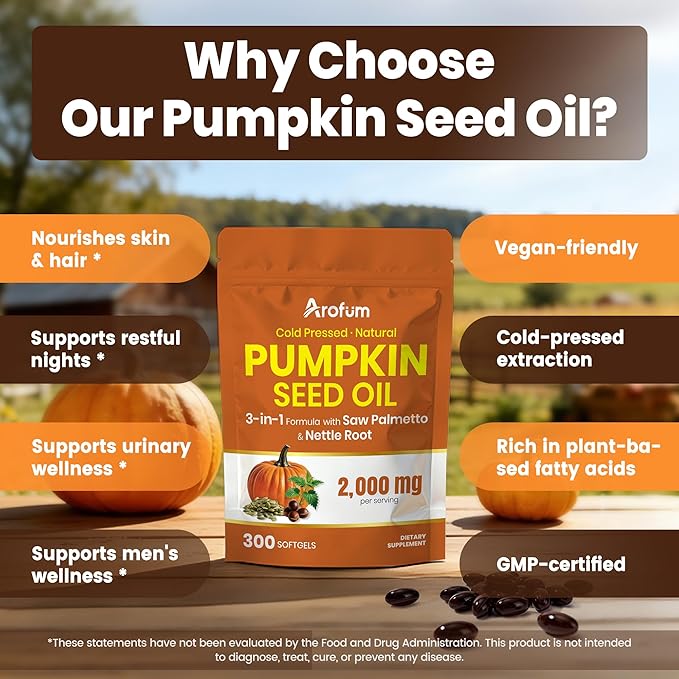 Pumpkin Seed Oil Capsules with Saw Palmetto and Nettle Root 2000mg Per Serving 300 Softgels Vegan Rich in Essential Fatty Acids (Omega-6 &amp Omega-9)