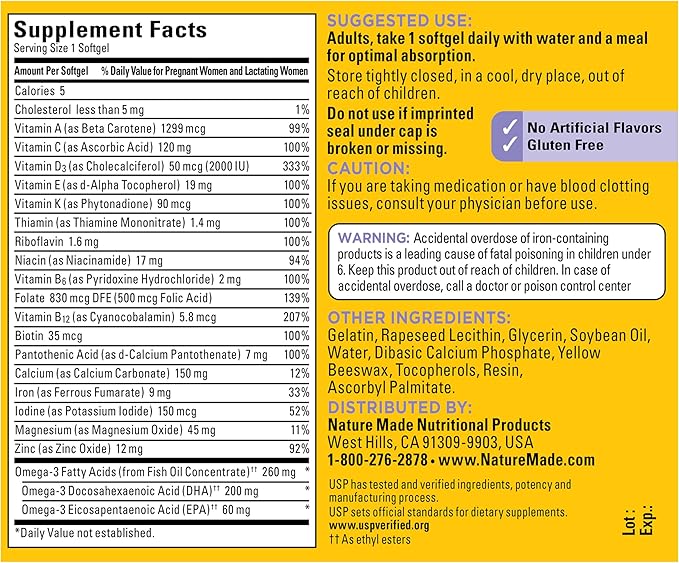 Nature Made Postnatal Multivitamin + DHA 200 mg Postnatal Vitamins for Women Includes Iron Vitamin D3 Calcium Iodine &amp More for Breastfeeding Moms 60 Softgels