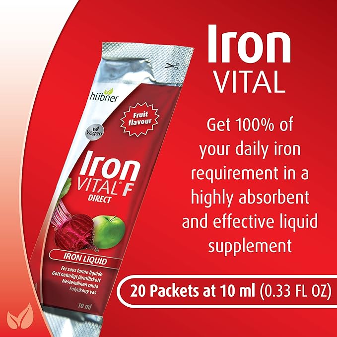 hübner Iron Vital Liquid Iron Supply Plus Vitamin C Dietary Supplement for Adults and Kids Vegan and Gluten-Free Fruit Flavor Box of 20 Packets 10 ml Each - 2 Pack (40 Packets)