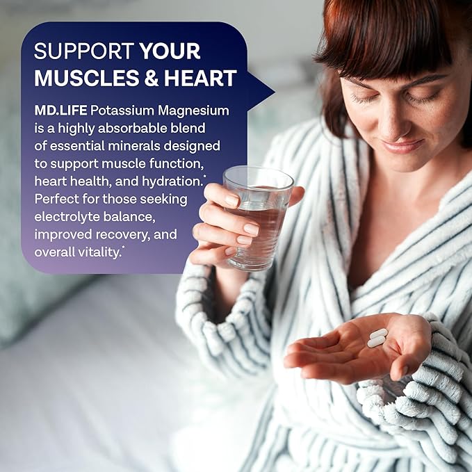 MD. Life Potassium Magnesium Supplement - 120 Capsules - Magnesium Potassium Supplement - High Absorption Complex - Support Vascular Health &amp Leg Cramp
