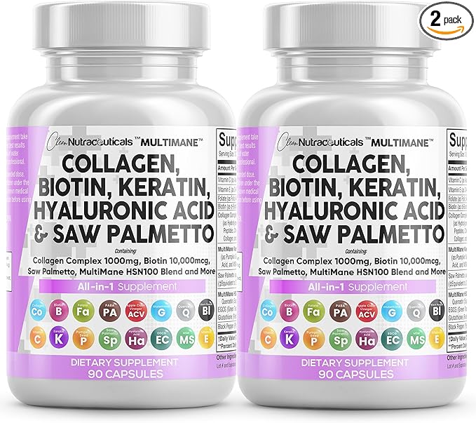 Clean Nutraceuticals Collagen Pills 1000mg Biotin 10000mcg Keratin Saw Palmetto Hyaluronic Acid - Hair Skin &amp Nails Vitamins &amp DHT Blocker (90 Count (Pack of 2))