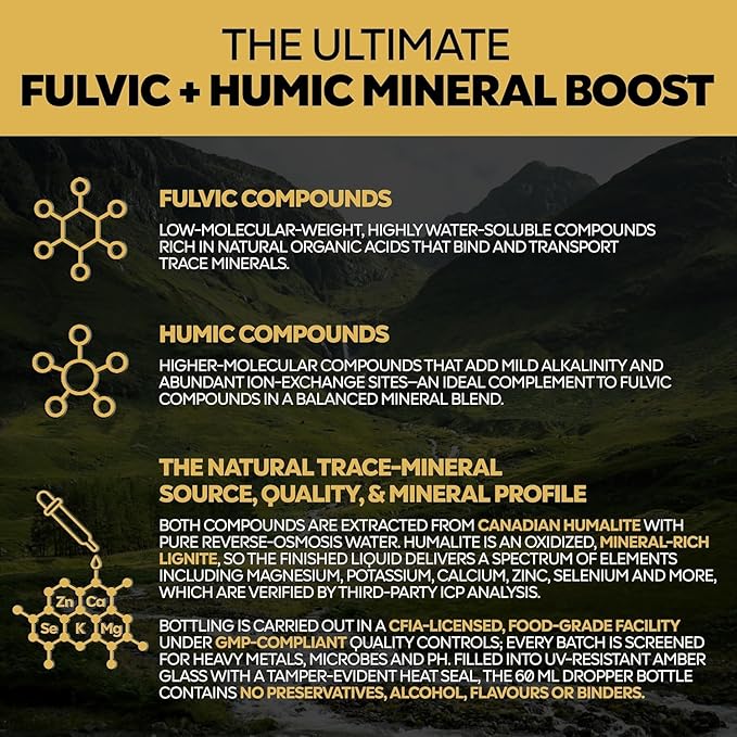 Fulvic + Humic Trace Mineral Drops 3:1 Humic-Fulvic Blend | Water-Extracted from Canadian Humalite | 60 mL Amber Dropper | Third-Party Tested No Preservatives/Fillers | GMP &amp ISO Verified