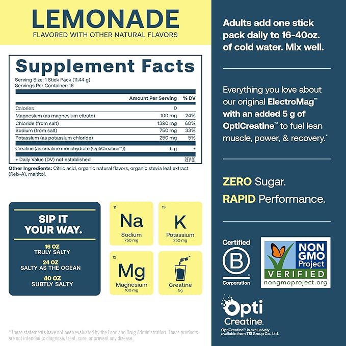 True Grace ElectroMag + Creatine Monohydrate - 16 Stick Packs - Lemonade - Electrolyte Powder for Rapid Performance - Sodium Potassium Magnesium Chloride - Zero Sugar - Non-GMO - 16 Servings