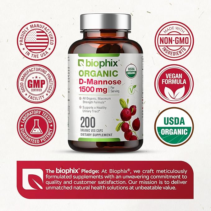 biophix D-Mannose USDA Organic 1500 mg 200 Veggie Caps - Supports a Healthy Bladder Urinary Tract Non-GMO Vegan-Friendly