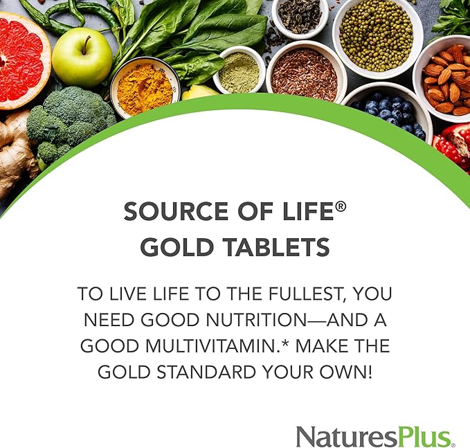 NaturesPlus Source of Life GOLD Multivitamin - 180 Tablets - With Vitamins D3 B12 &amp K2 - Blood Bone &amp Immune Support - Vegetarian &amp Gluten Free - 60 Servings