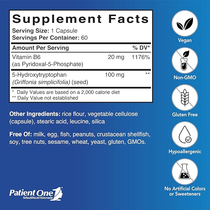 Patient One 5-HTP 100 mg with Vitamin B6 | Supplement to Support Stress Management Mood and Sleep* | Enhanced Synergy | 60 Capsules