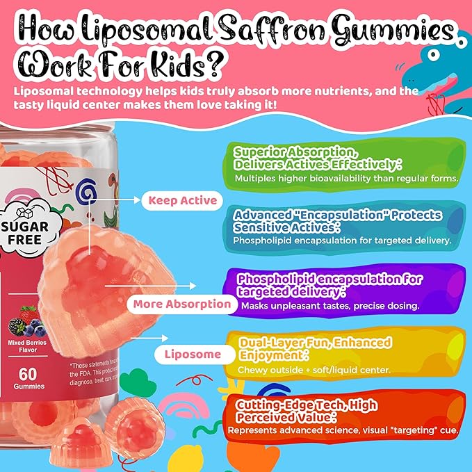 Q'ankyaq Kids Saffron Gummies Saffron Supplements for Kids (3 yrs+) Focus and Memory Gummiess Mood Balance with Rosemary Passion Flower Extract Chamomile Extract Sugar-Free Vegan 60 Counts