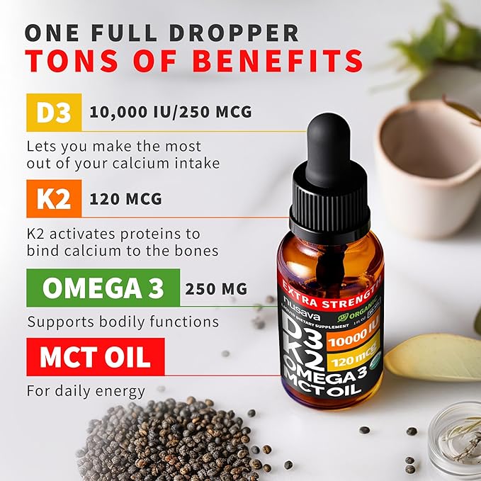 (2 Pack) Extra Strength Organic Vitamin D3 K2 Drops with MCT Oil Omega 3 10000 IU - Vitamin D Liquid No Fillers Non-GMO D3 for Faster Absorption and Immunity Unflavored - (2 Fl Oz 60 Servings)