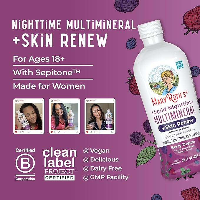 MaryRuth's Liquid Nighttime Liquid Multimineral + Skin Renew | Clinically Shown in Women to Reduce Fine Wrinkle &amp Improve Skin Firmness | Sepitone | NO Melatonin | Magnesium | Vegan | 30 Servings