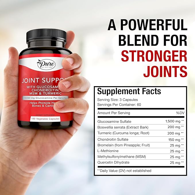 Pure By Nature Joint Support Glucosamine with Chondroitin Turmeric MSM Boswellia Supplement 180 Capsules