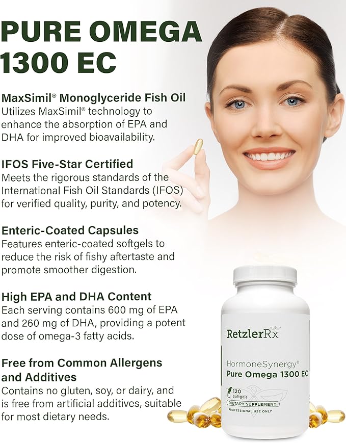 HormoneSynergy Omega 1300 EC Fish Oil Softgels - High-Strength Omega 3 Supplement with Enhanced Absorption - IFOS Verified Enteric Coated 600mg EPA 260mg DHA - 120 Count