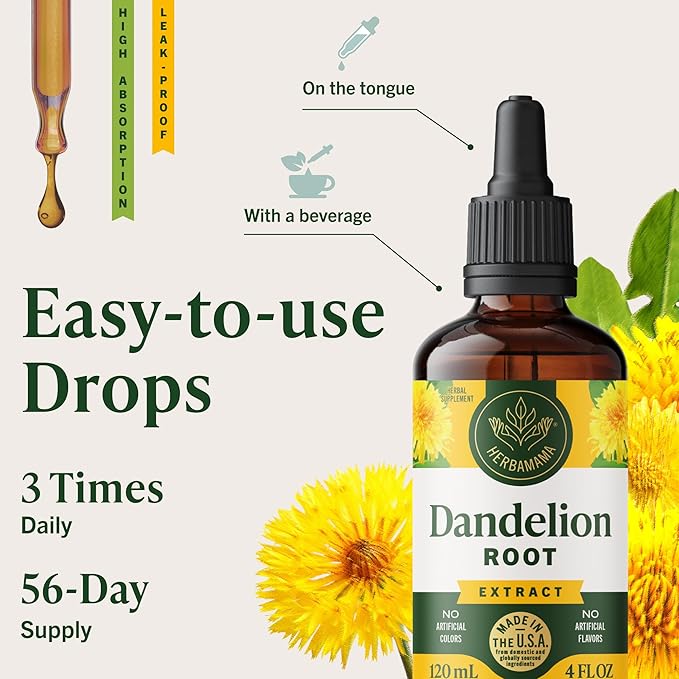 HERBAMAMA Dandelion Root Extract for Liver Cleanse – Lymphatic Drainage Drops – Dandelion Root Supplement – Non-GMO Alcohol &amp Sugar-Free Liver Support Supplement - 56-Day Supply