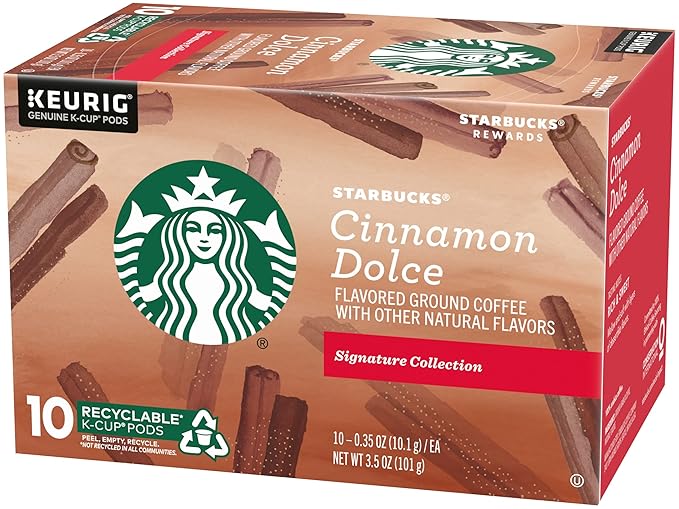 Starbucks Flavored Ground Coffee K-Cup PodsCinnamon DolceFlavored Ground Coffee Signature CollectionRecyclable K-Cups10 K-Cup Pods/Box (Pack of 2 Boxes)10 Count (Pack of 2)