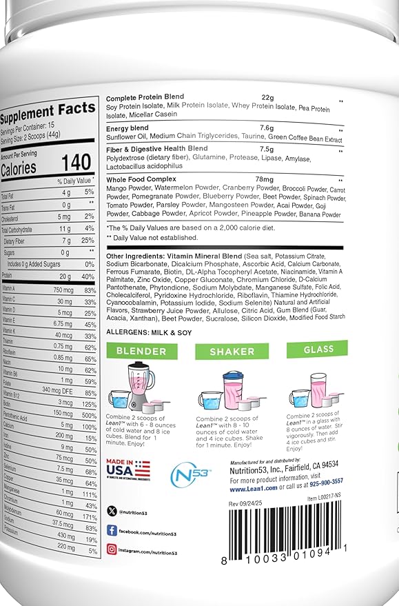 Lean1 Meal Replacement Protein Shake Strawberry Flavor 15 Serving Tub