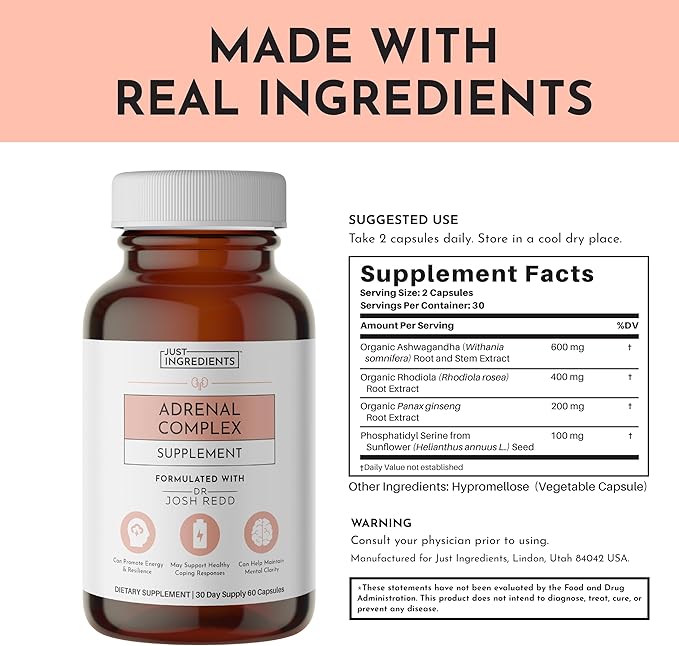 JUST INGREDIENTS Adrenal Support Complex with Ashwagandha Rhodiola and Panax Ginseng - Capsules