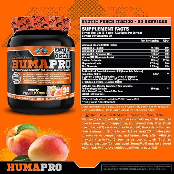 ALR Industries HumaPro Essential Amino Acid Formula | EAA Protein Supplement | Supports Muscle Recovery &amp Performance | Vegan Gluten Free | | 90 Servings (Exotic Peach Mango)