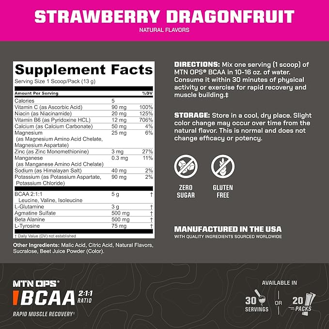 MTN OPS BCAA Powder 2:1:1 Amino Acids Supplement Powder for Rapid Muscle Recovery &amp Repair with Zero Sugar &amp Gluten Free - 30 Servings Strawberry Dragonfruit
