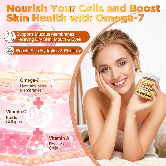 Omega 3-6-7-9 Gummies Organic Sea Buckthorn Oil 1200MG &amp Flaxseed Oil 500MG Vegan Omega 7 Supplement w/Vitamin A C E Fatty Acids No Fish Taste Supports Skin Eye Immune Brain Health 60 C