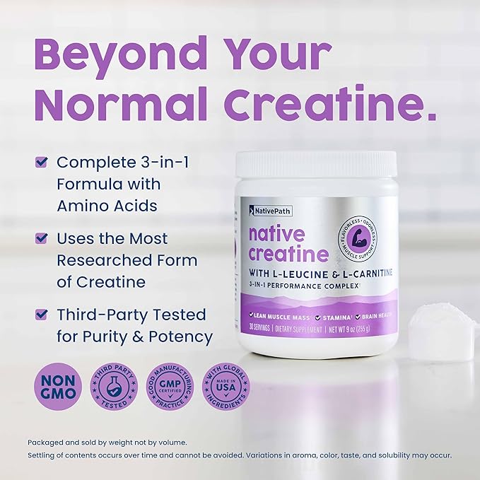 NativePath Creatine Monohydrate Powder with L-Leucine &amp L-Carnitine - Supports Muscle Health for Men &amp Women - 30 Servings