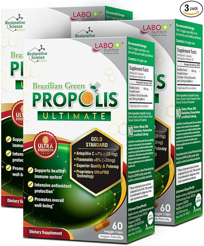 LABO Nutrition Brazilian Green Propolis Ultimate – Propolis Extract with 28mg Artepillin C and 5% Flavonoids Natural Bee Supplement for Immune Brain Support High Concentrate Propolis 60 Veg Capsx3