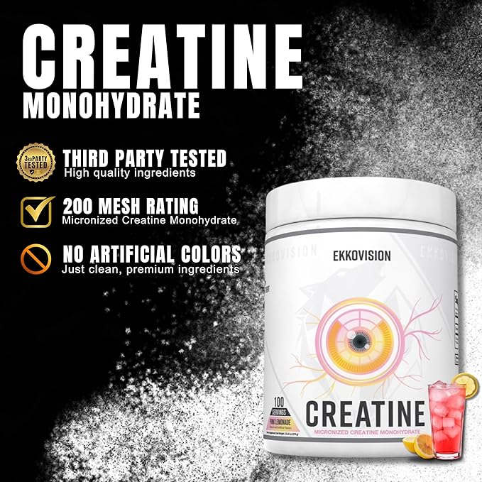 Ekkovision Creatine Monohydrate Powder Micronized Pink Lemonade Pre Workout &amp Post Workout Supplement for Men and Women Energy Support Easy to Mix in Shakes Smoothies &amp Beverages 100 Se
