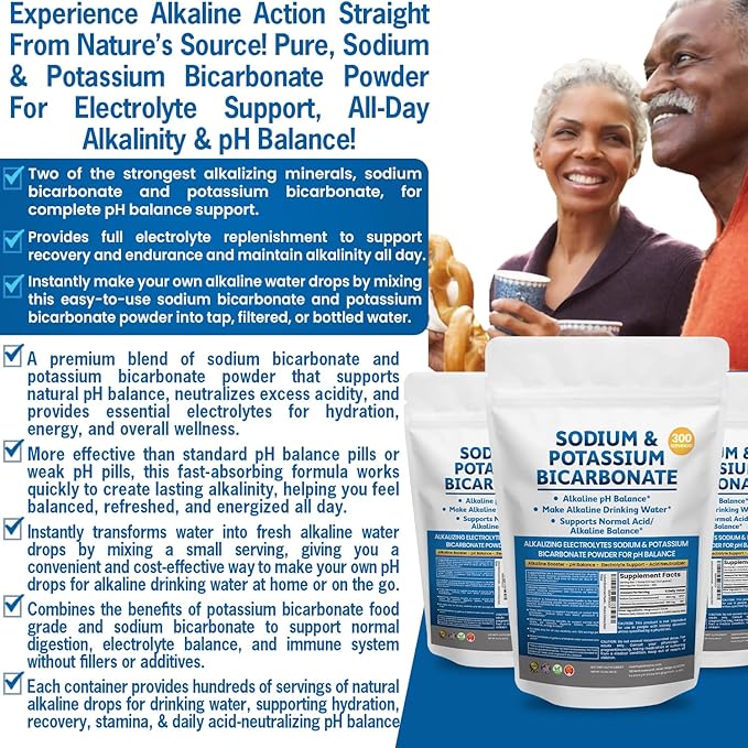 Sodium Bicarbonate Powder &amp Potassium Bicarbonate Powder pH Balance Supplement. Make Gallons of Alkaline Water Drops for Acid/Alkaline pH Balance Stomach Immune Performance. Alkaline Drinking Wat