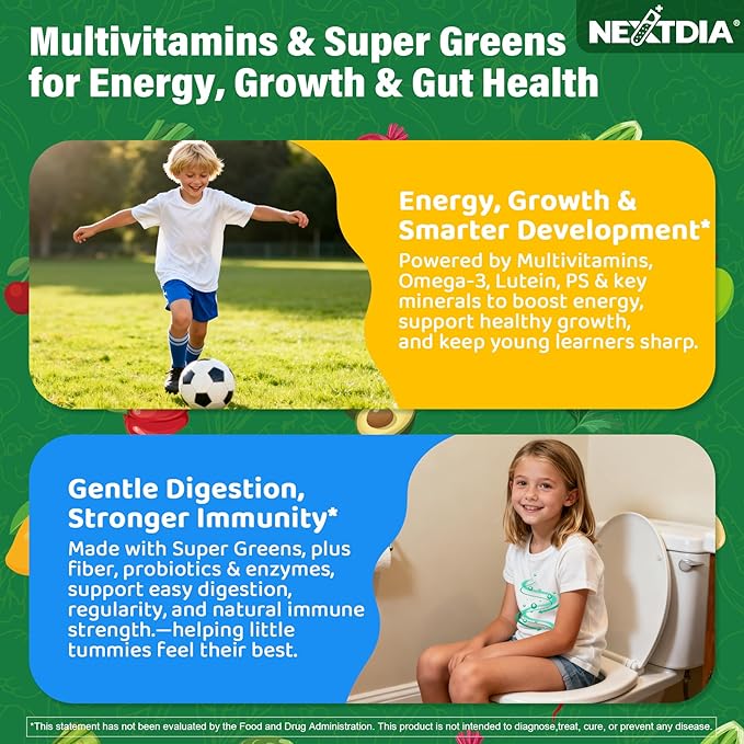 Kids Multivitamin Gummies 20+ Super Greens Fruit and Veggies Supplement Superfood Daily Gummies with Probiotics for Kids Gummy Vitamins &amp Minerals for Tummy &amp Immune Support -Vegan Sugar Fre
