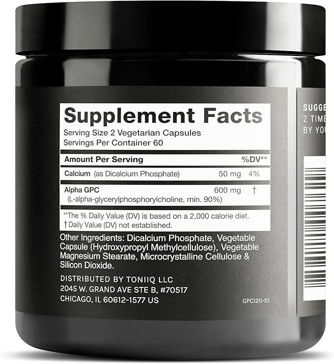 Toniiq Ultra High Purity Alpha GPC Capsules - 600mg Concentrated Formula - 90%+ Highly Purified and Bioavailable Nootropic - 120 Capsules Alpha GPC Supplement