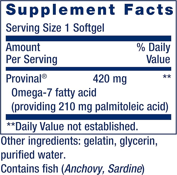 Life Extension Provinal Purified Omega-7 palmitoleic Acid derived from Highly Concentrated Marine Oil Cholesterol triglycerides &amp Heart Health Support Gluten-Free Non-GMO 30 softgels
