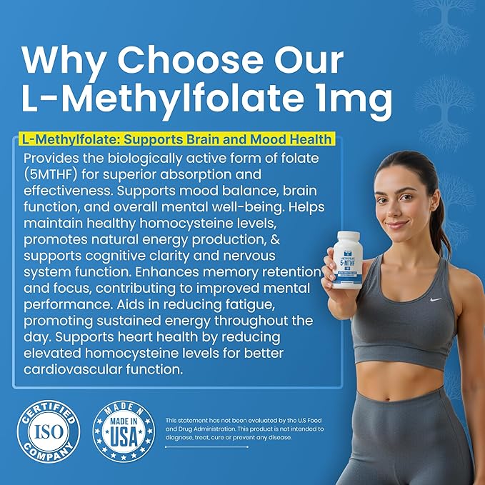 L Methylfolate 1mg | 180 Capsules | Optimized &amp Highly Bioactive Methyl Folate Supplement | 5-MTHF Supports for Energy Focus &amp Mood | Non-GMO Gluten Free Vegan | 6 Month Supply