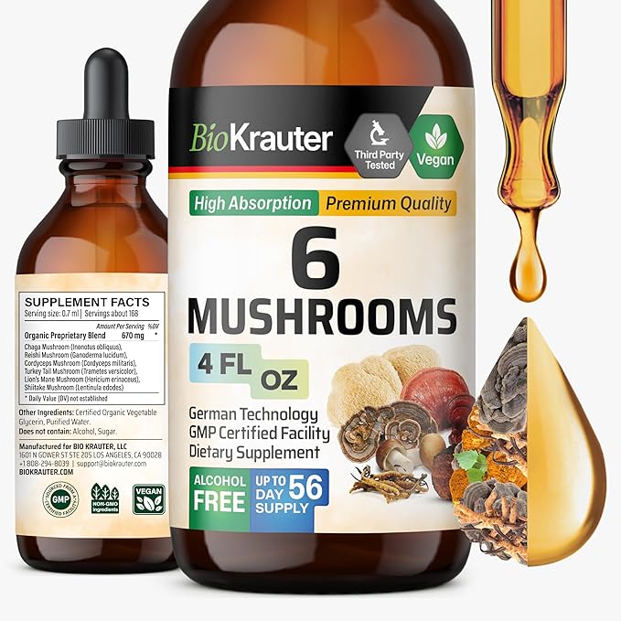 BIO KRAUTER® 6-in-1 Mushroom Complex with Lion’s Mane Chaga Reishi Cordyceps Turkey Tail &amp Shiitake - Vegan Mushroom Supplement for Immune Support - Natural Focus &amp Brain Support 4 Fl. Oz.