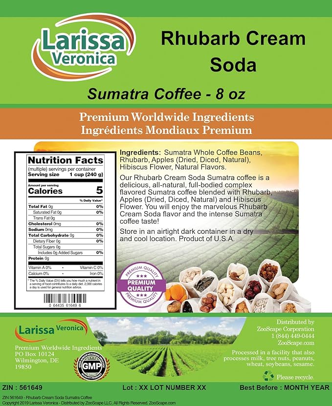 Rhubarb Cream Soda Sumatra Coffee (Gourmet Naturally Flavored Whole Coffee Beans) (8 oz ZIN: 561649) - 2 Pack