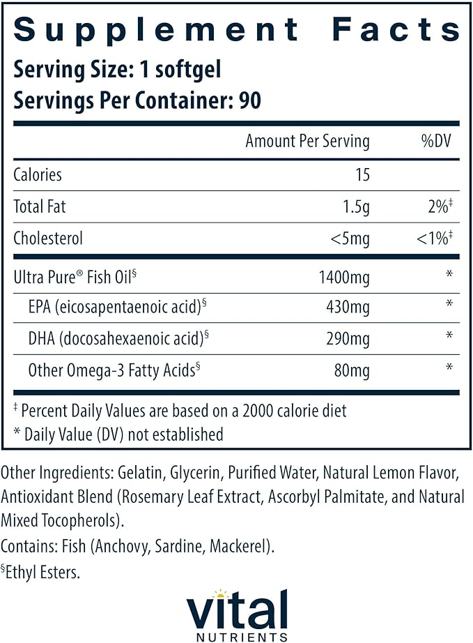 Vital Nutrients Ultra Pure® Fish Oil 800 - Supports Heart Brain &amp Immune Health* - Sustainably Sourced High EPA &amp DHA Omega-3 Fatty Acid - Lemon Flavor - Gluten Dairy Soy Free - 90 Softgel