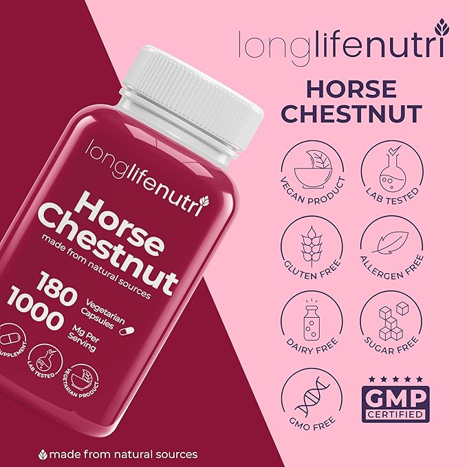 LongLifeNutri Horse Chestnut Extract 500mg - 180 Vegetarian Capsules Organic Supplement for Daily Wellness &amp Circulation 3-Month Supply GMP Certified Made in USA