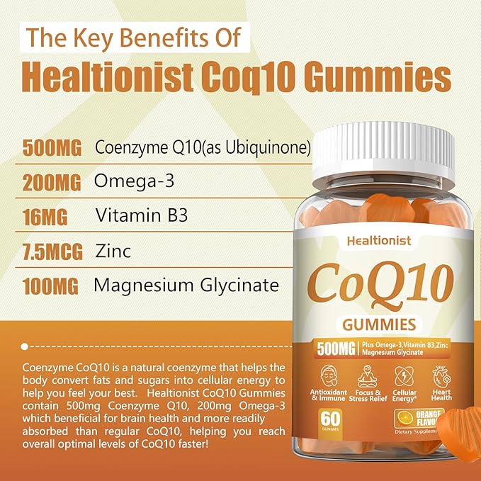 2 Pack 500MG Coq10 Gummies - 3X Better Absorption Plus Omega-3 Magnesium Vitamin B3 &amp Zinc - Coenzyme Q10 Supplements for Heart Health Cellular Energy &amp Antioxidant Vegan 120 Counts