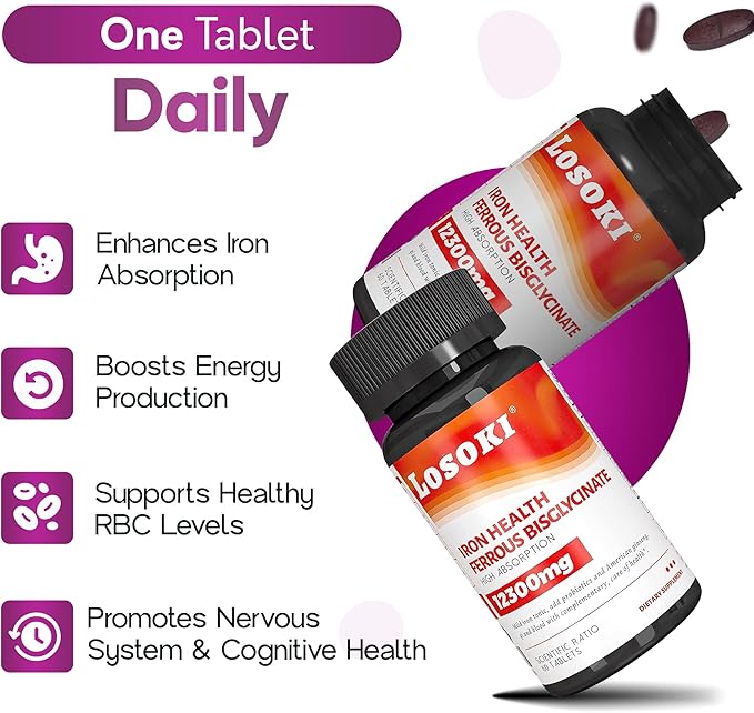 Losoki Iron Bisglycinate 20 mg with Vitamin C B12 American Ginseng &amp Probiotics Gentle on The Stomach Supports Energy &amp Iron Deficiency - Non GMO 60 Tablets