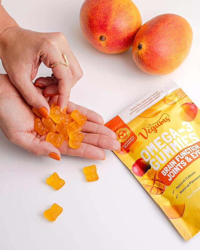 Vegums Fish-Free Omega-3 Gummies - 60 Orange-Flavored Algae-Based Omega-3 (DHA) &amp Vitamin E Supplement for Kids &amp Adults - Vegan &amp Vegetarian Friendly