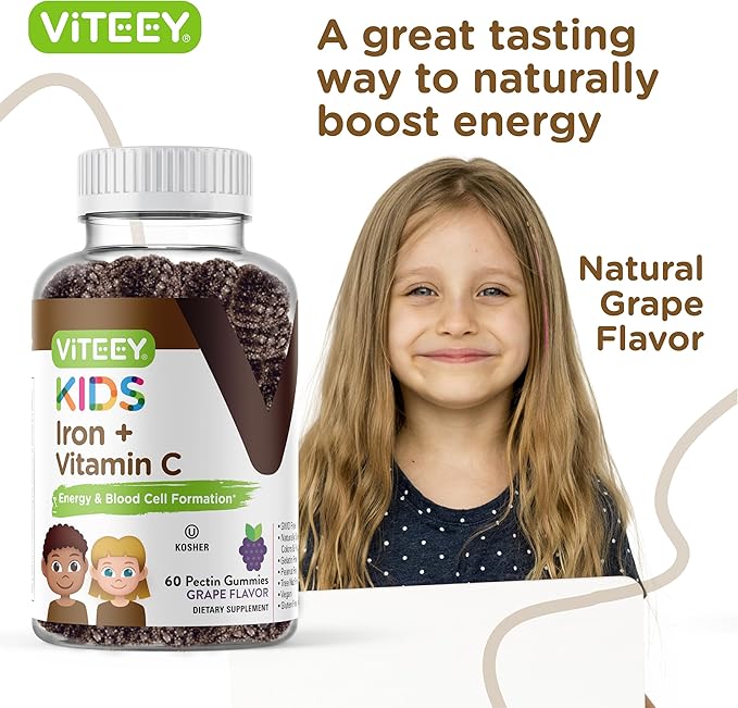 VITEEY Iron for Kids with Vitamin C - Supports Energy Blood Cell Formulation Blood Builder Anemia Kids Iron Supplements - Vegan Gelatin Free Gluten Free - Tasty Chewable Grape Flavored Gummy