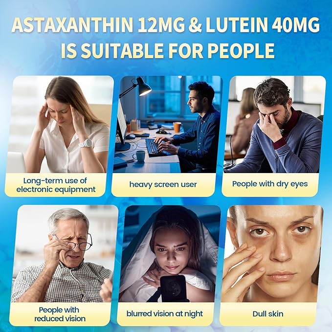 14-in-1 Astaxanthin 12mg &amp Lutein 40mg with Zeaxanthin Supplements 6 Month Supply Fresh Microalgae Source Supports Eye Skin Antioxidant Joint Circulatory Health Non-GMO Gluten Free 180 Soft