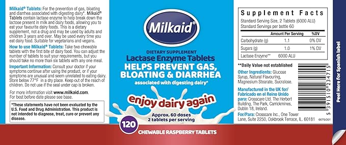 Milkaid Lactase Enzyme Drops Tablets for Lactose Intolerance Relief | Prevents Gas Bloating &amp Diarrhea | Dairy Digestive Supplement | 0.5 Fl Oz &amp 120 Raspberry Flavored Tablets