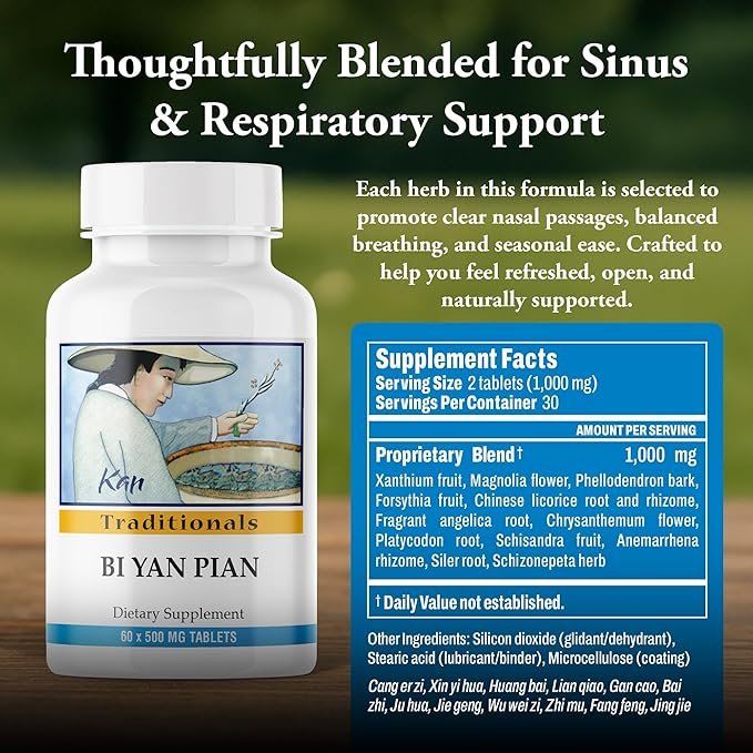 Kan Herbs Company Bi Yan Pian – Traditional Chinese Herbal Formula for Sinus Health Supports Clear Nasal Passages Supports Seasonal Balance Herbal Supplement 60 Tablets