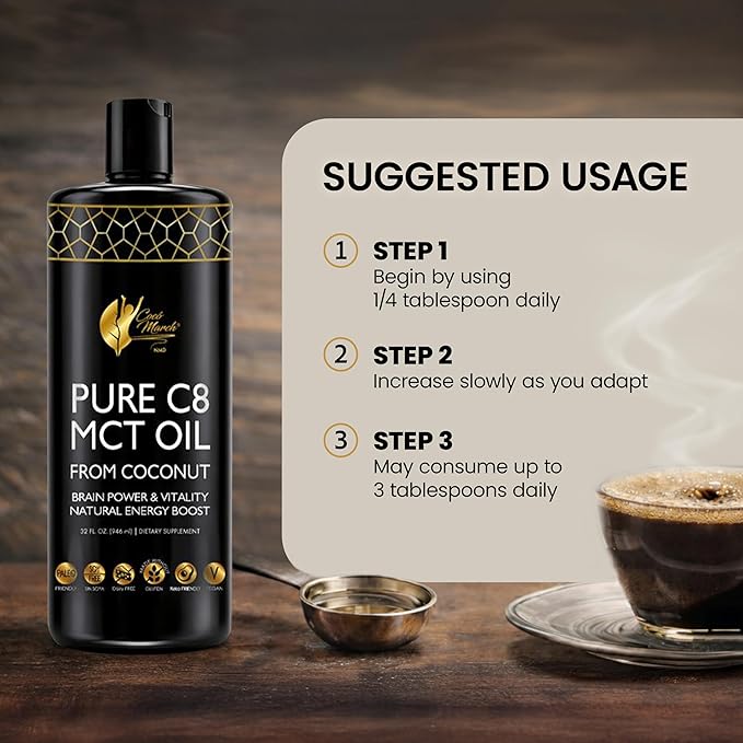 Cocó March N.M.D. Pure C8 MCT Oil from Coconut for Energy Metabolism &amp Brain Support Keto &amp Fasting Friendly Gluten-Free Vegan &amp Unflavored - Perfect in Coffee Tea &amp Smoothies 32